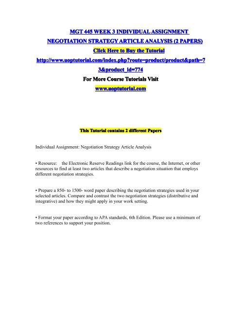 MGT 445 WEEK 3 INDIVIDUAL ASSIGNMENT NEGOTIATION STRATEGY ARTICLE ANALYSIS (2 PAPERS)