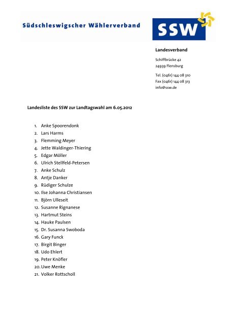 Landesverband Landesliste des SSW zur Landtagswahl am 6.05 ...