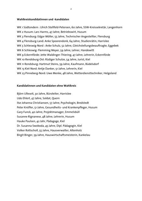 Landesverband Landesliste des SSW zur Landtagswahl am 6.05 ...