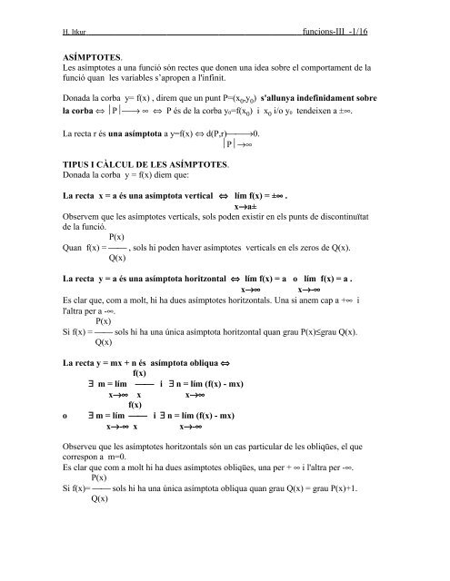 funcions-III -1/16 ASÍMPTOTES. Les asímptotes a una ... - jaumesc.cat