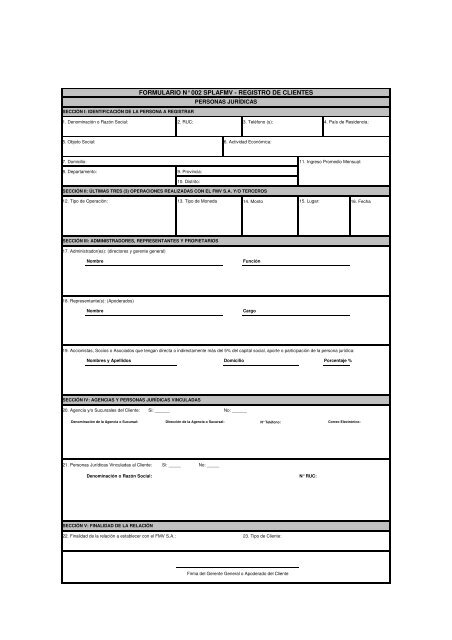 FORMULARIO N° 002 SPLAFMV - REGISTRO DE CLIENTES PERSONAS JURÍDICAS