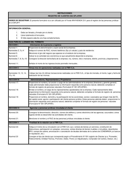 FORMULARIO N° 002 SPLAFMV - REGISTRO DE CLIENTES PERSONAS JURÍDICAS
