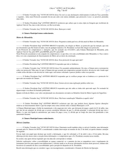 CÂMARA MUNICIPAL DE MIRANDELA ATA N.º 14/2012 Antes da Ordem do Dia