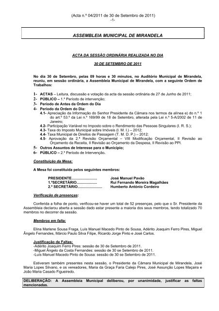 ASSEMBLEIA MUNICIPAL DE MIRANDELA 1- 2- 3- 4- 5- 6-