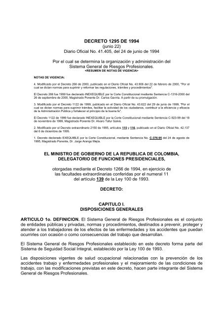 DECRETO 1295 DE 1994.pdf - Universidad Libre - Seccional Pereira