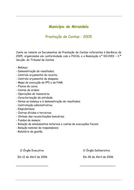 Município de Mirandela Prestação de Contas - 2005