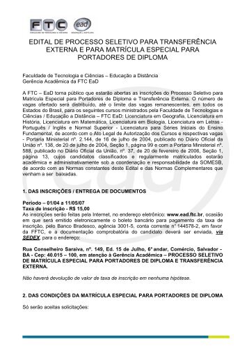 Edital de MatrÃ­cula Especial e TransferÃªncia Externa - ftc ead