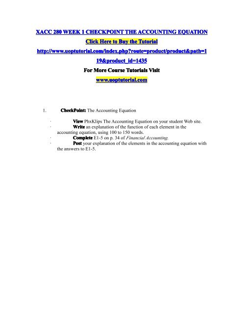 XACC 280 WEEK 1 CHECKPOINT THE ACCOUNTING EQUATION