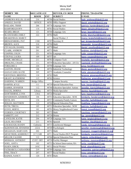 Staff Phone List 2013-14 - Morey Middle School