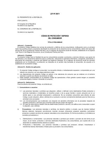 LEY Nº 29571 CÓDIGO DE PROTECCIÓN Y DEFENSA DEL CONSUMIDOR