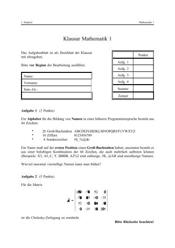 Klausur Mathematik 1
