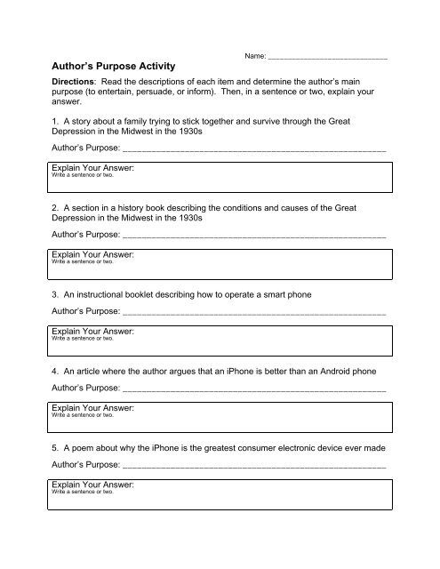 Teaching Author's Purpose, Answer, Describe, and Explain