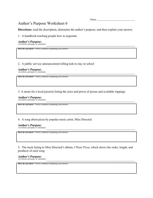 Worksheet 1: Author's Purpose