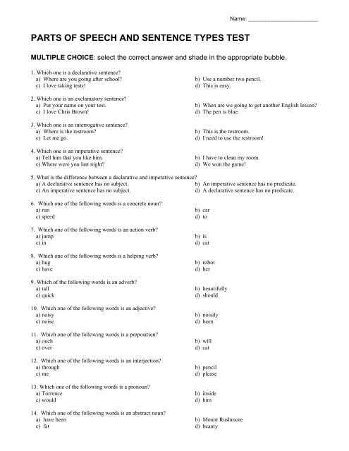 PARTS OF SPEECH AND SENTENCE TYPES TEST parts-of-speech-and-sentence-types-test