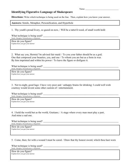 figurative language of shakespeare pdf ereadingworksheets