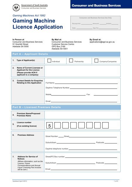 Gaming Machine Licence Application