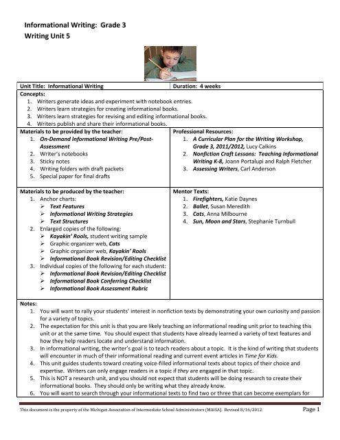 Informational Writing Grade 3 Writing Unit 5