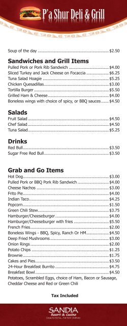 Sandia Resort & Casino PaShur Deli Menu