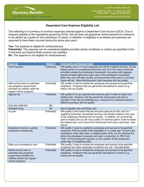 Dependent Care Expense Eligibility List Discovery Benefits