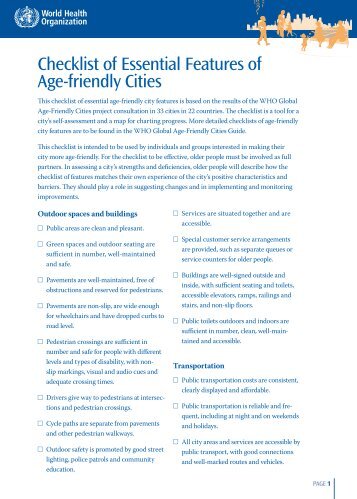 Checklist of Essential Features of Age-friendly Cities