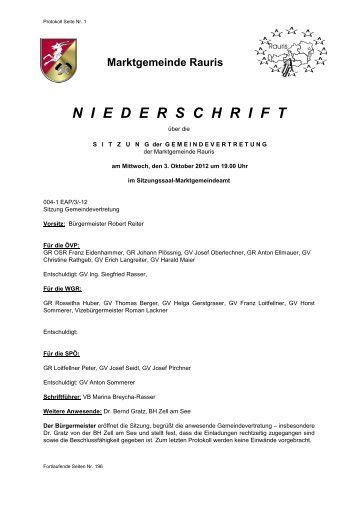 Marktgemeinde Rauris NIEDERSCHRIFT - WGR - Rauris