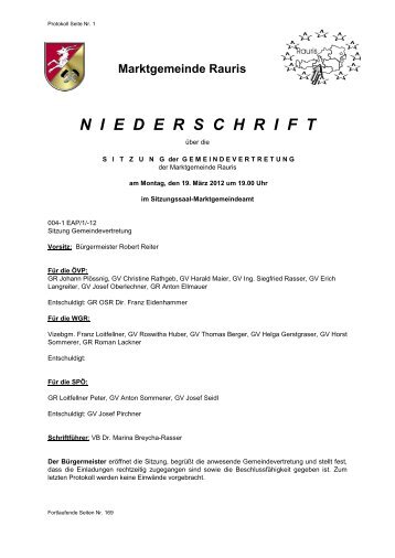 Marktgemeinde Rauris NIEDERSCHRIFT - WGR - Rauris