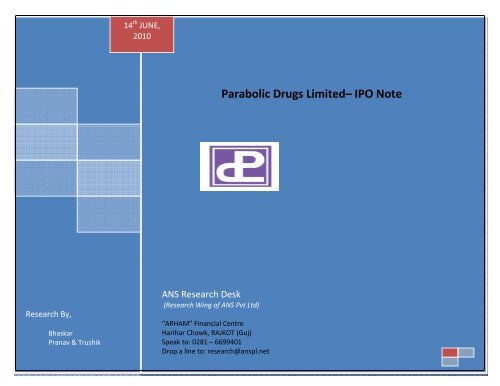 Parabolic Drugs Limited– IPO Note - ANS Pvt. Ltd.