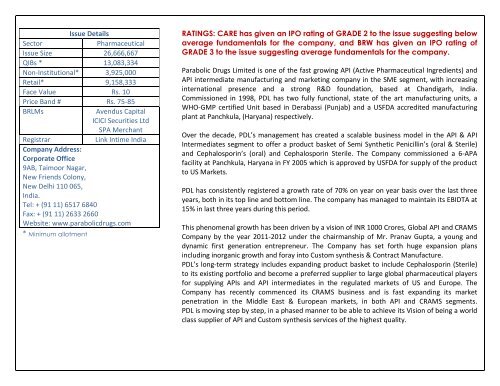 Parabolic Drugs Limited– IPO Note - ANS Pvt. Ltd.