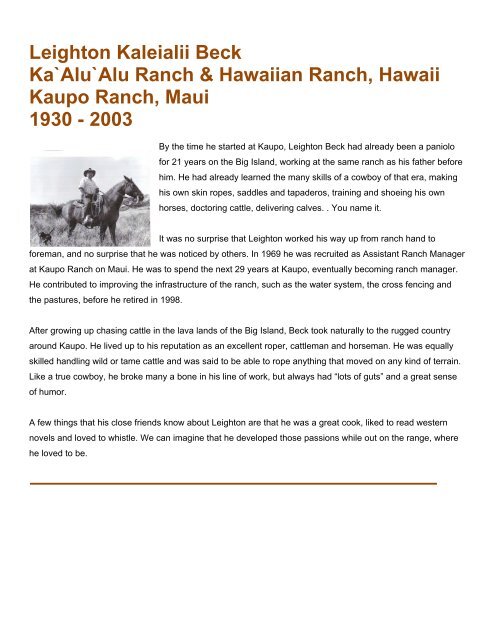 Leighton Kaleialii Beck Ka`Alu`Alu Ranch & Hawaiian Ranch ...