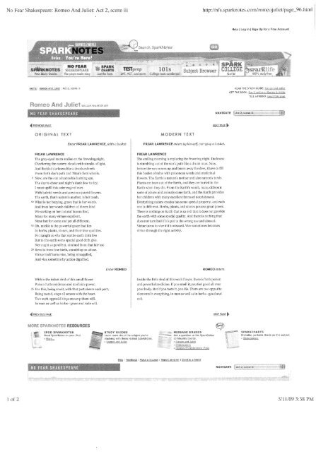 No Fear Shakespeare Romeo And Juliet Act 2 Scene Iii Http Nt S