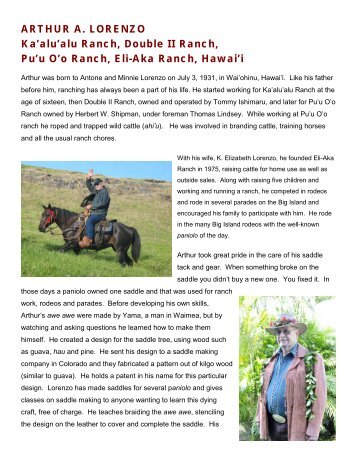 ARTHUR A. LORENZO Ka'alu'alu Ranch, Double II Ranch, Pu'u O'o ...