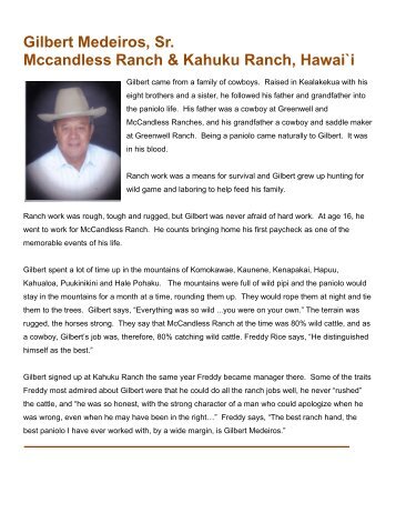 Gilbert Medeiros Sr Mccandless Ranch & Kahuku Ranch Hawai`i