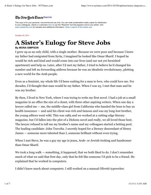 A Sister's Eulogy for Steve Jobs - NYTimes.com - Mr. Boll