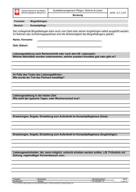 Der vorliegende Biografiebogen kann auch vom Gast oder - Caritas