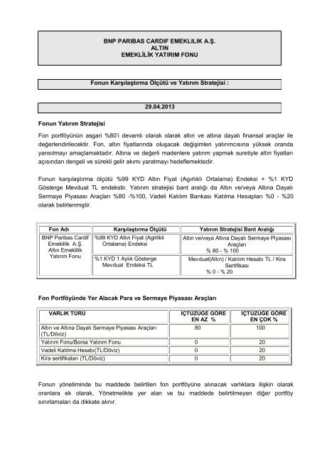 Fon KarÅÄ±laÅtÄ±rma ÃlÃ§Ã¼tÃ¼ ve YatÄ±rÄ±m Stratejisi - BNP Paribas Cardif ...