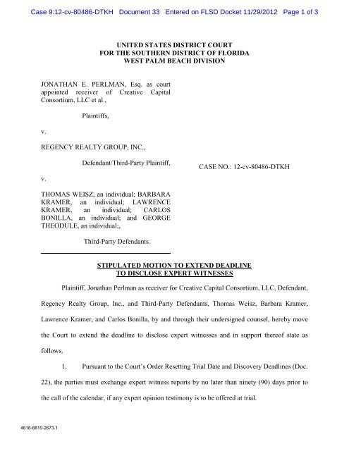 Joint Motion To Extend Deadline To Disclose Expert Witnesses