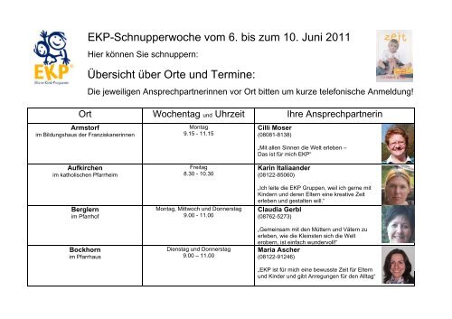 EKP-Schnupperwoche vom 6. bis zum 10. Juni 2011 Übersicht über ...