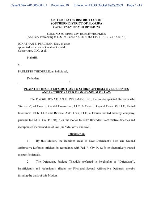 Receiver s motion to strike affirmative defenses creative capital 