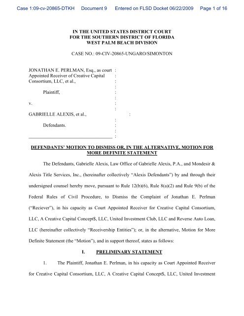 Defendant s Motion To Dismiss Creative Capital Receivership