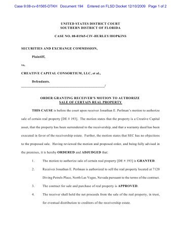 Order Granting Receiver's Motion to Authorize Sale of Certain Real ...