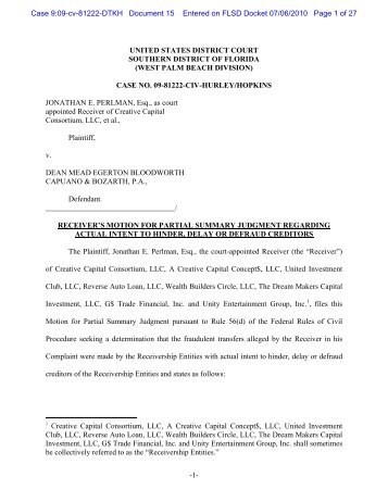 Receiver's Motion for Partial Summary Judgment Regarding Actual ...