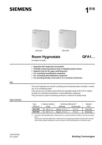 1518 Room Hygrostats QFA1â¦ - Azimut Kft.