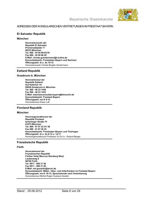Adressen der Konsularischen Vertretungen in Bayern
