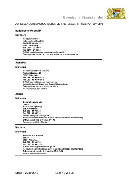 Adressen der konsularischen Vertretungen in Bayern Stand