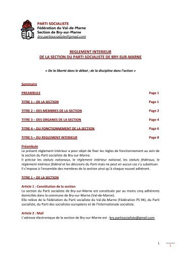 REGLEMENT INTERIEUR DE LA SECTION DU PARTI SOCIALISTE DE BRY‐SUR‐MARNE