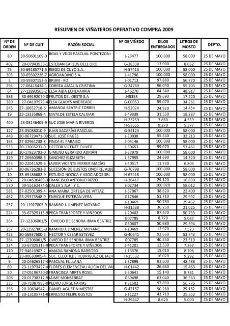 RESUMEN DE VIÑATEROS OPERATIVO COMPRA 2009