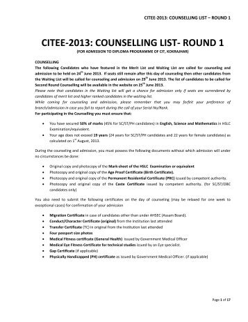 CITEE-2013 COUNSELLING LIST – ROUND 1