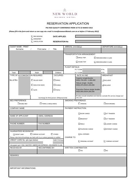 Accommodation booking form for the New World Hotel Saigon