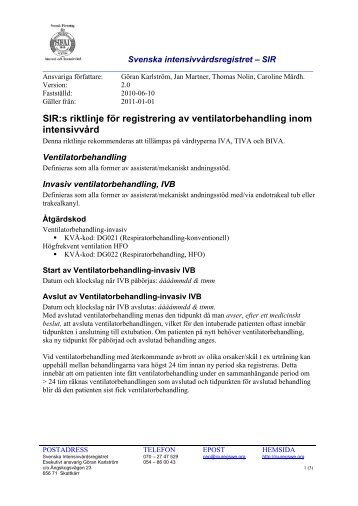 SIR:s riktlinje för registrering av ventilatorbehandling inom intensivvård