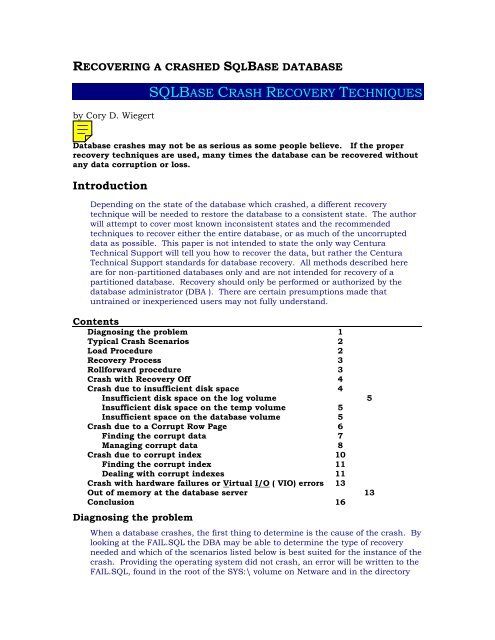 SQLBASE CRASH RECOVERY TECHNIQUES